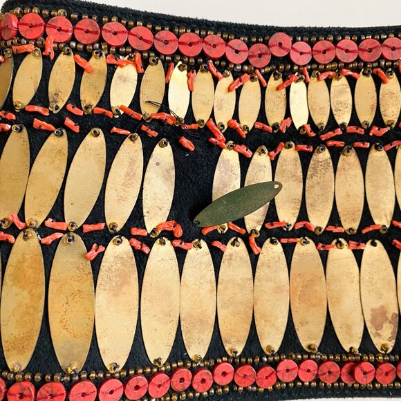 Vintage Oscar De La Renta Couture Beaded Embroidered Leather Wide Belt Gold